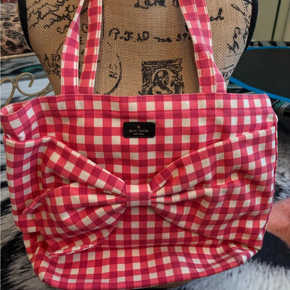 kate spade pink and white gingham bow tote - Picture 1 of 6